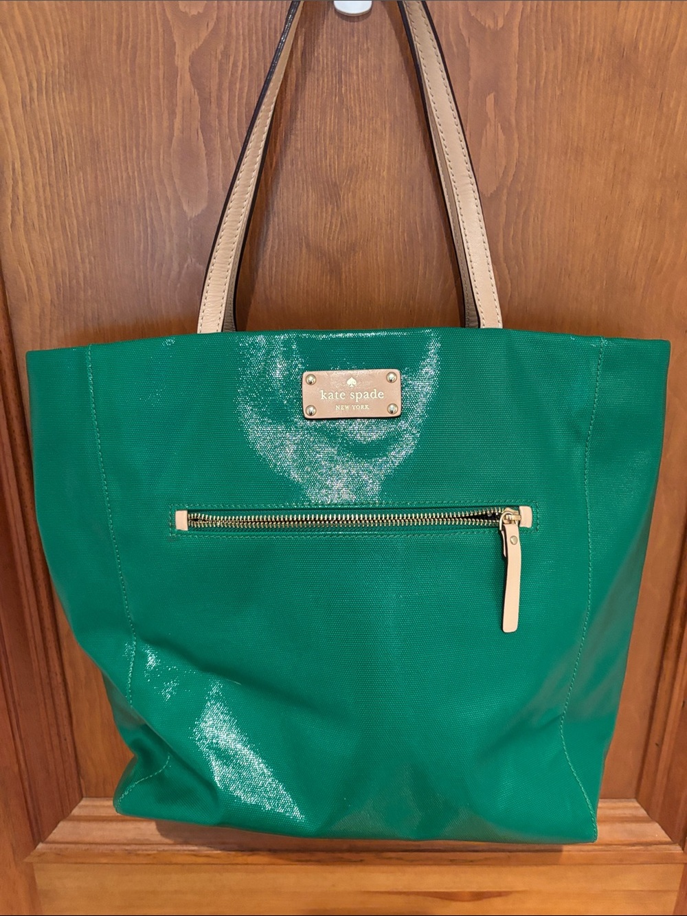 kate spade green tote with cream handles and gold hardware